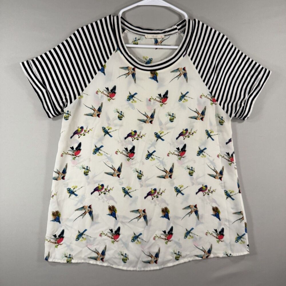 Le Lis White Bird Print Blouse Women’s Short Striped Sleeves Shirt Size Small